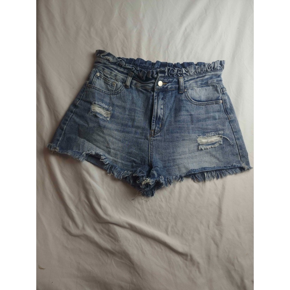 Hayden‎ Paperbag Shorts Womens Large Blue Denim Distressed Frayed Hem Cut Off